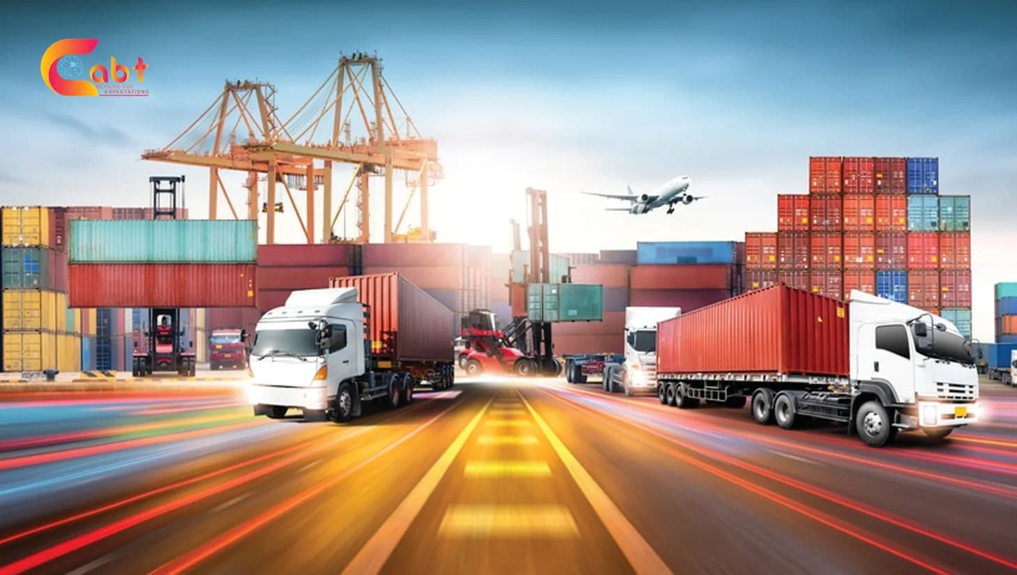 Container trucks moving cargo at a logistics port