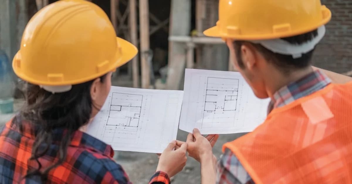 Site engineers in safety helmets reviewing construction plans