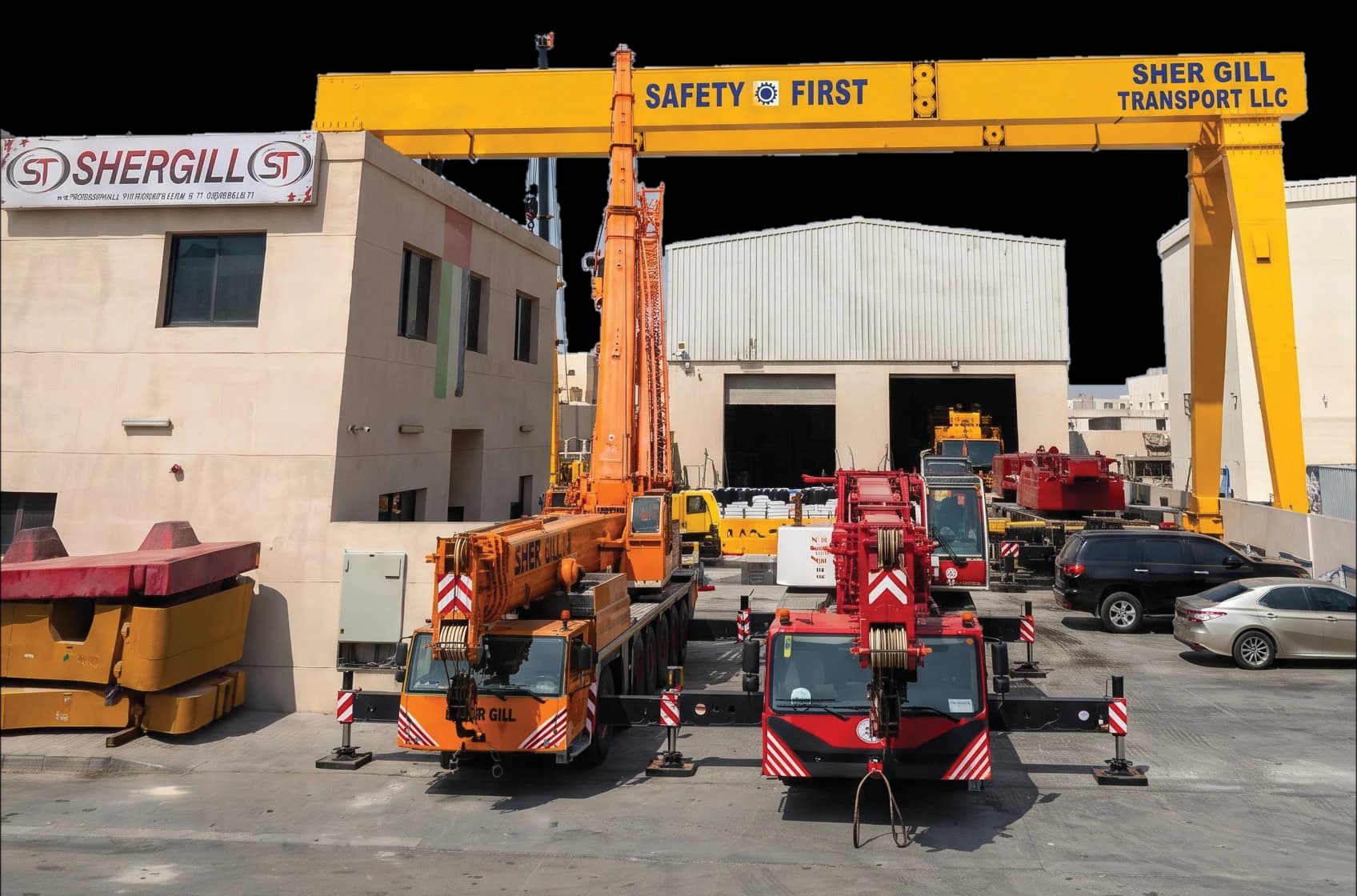 Shergill Transport yard in Jebel Ali with the yellow Safety First gantry crane and Shergill mobile cranes